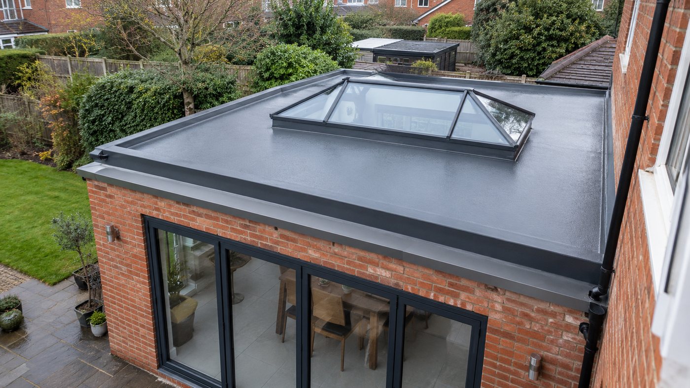 New grey GRP flat roof with a roof lantern on a red-brick kitchen extension
