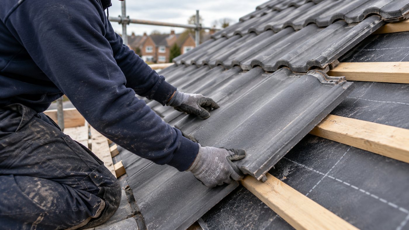 Roofer fixing new grey concrete tiles onto fresh battens